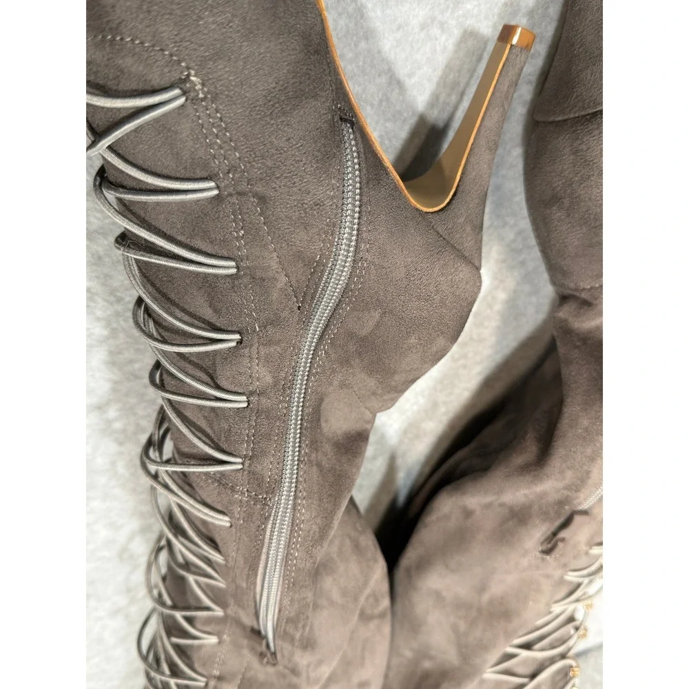 Gray Suede Wide-Calf Lace-Up Over The Knee Boots Size 8 OTK Heels Pointed‎ Toe